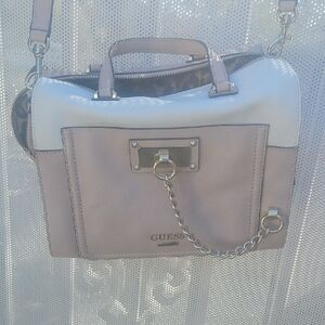 Guess Cream and Tan Satchel with Chain Detail